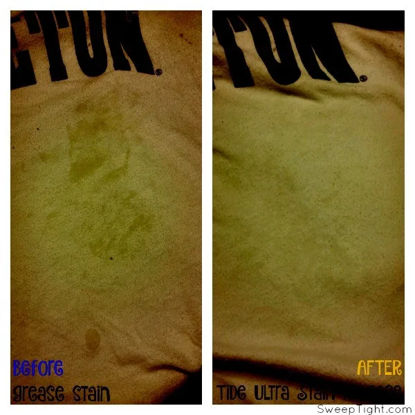 Before and after washing a grease stain with tide. 
