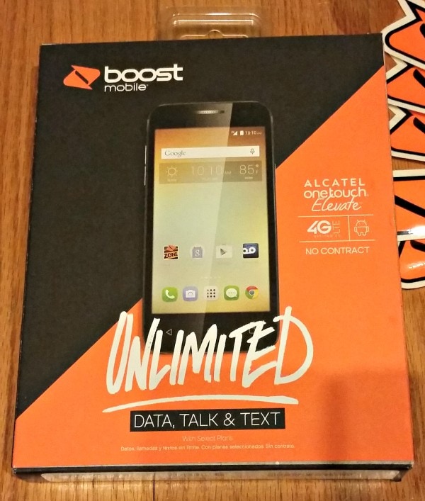 Boost Mobile package with the Alcatel Onetouch Elevate in it. 
