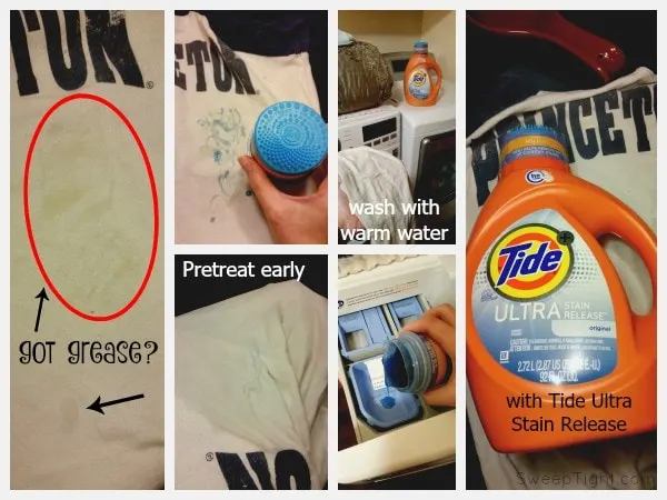 Removing a greasy stain on a shirt with Tide. 