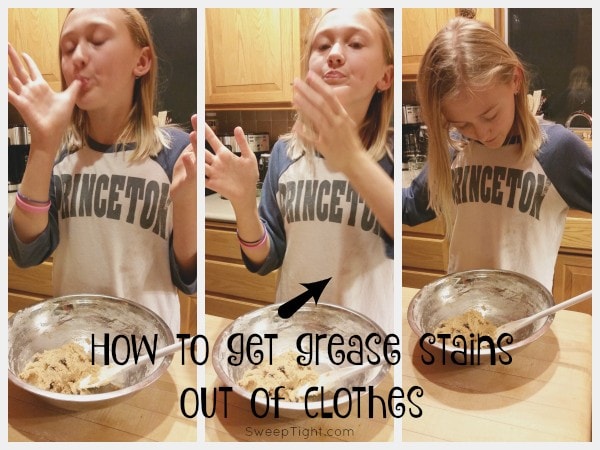 Chesney wiping butter on her shirt while making cookies. 