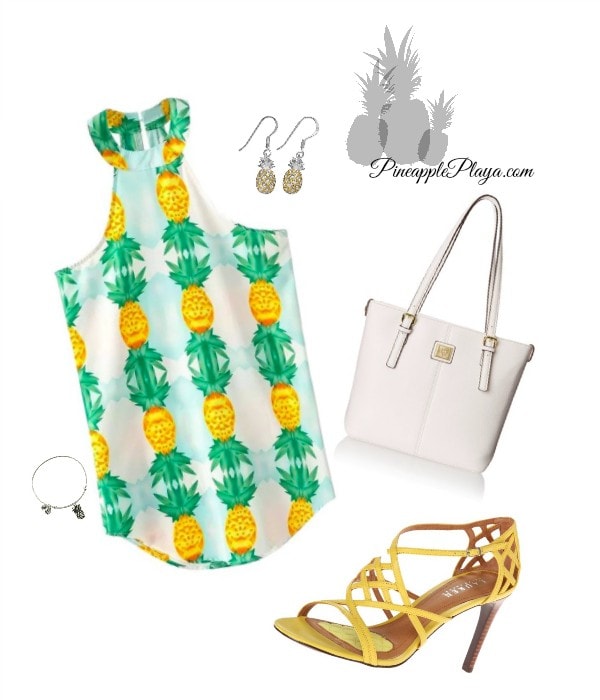 Shirt with pineapples on it, yellow shoes, white purse, and pineapple earrings. 