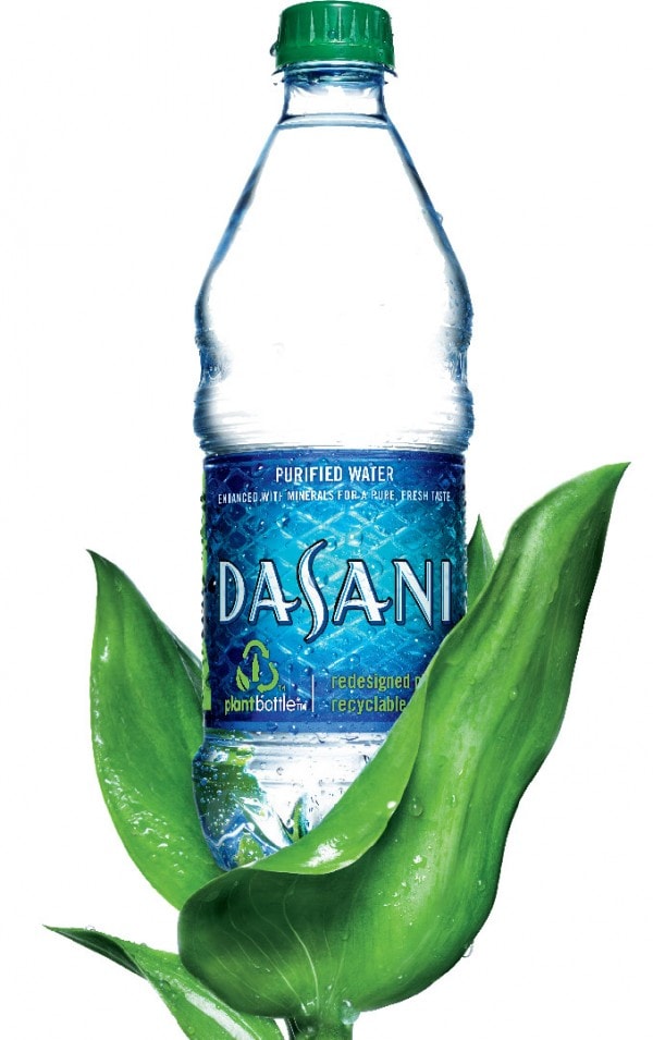 Dasani green cap bottle made with plant materials. Eco friendly water bottle choice