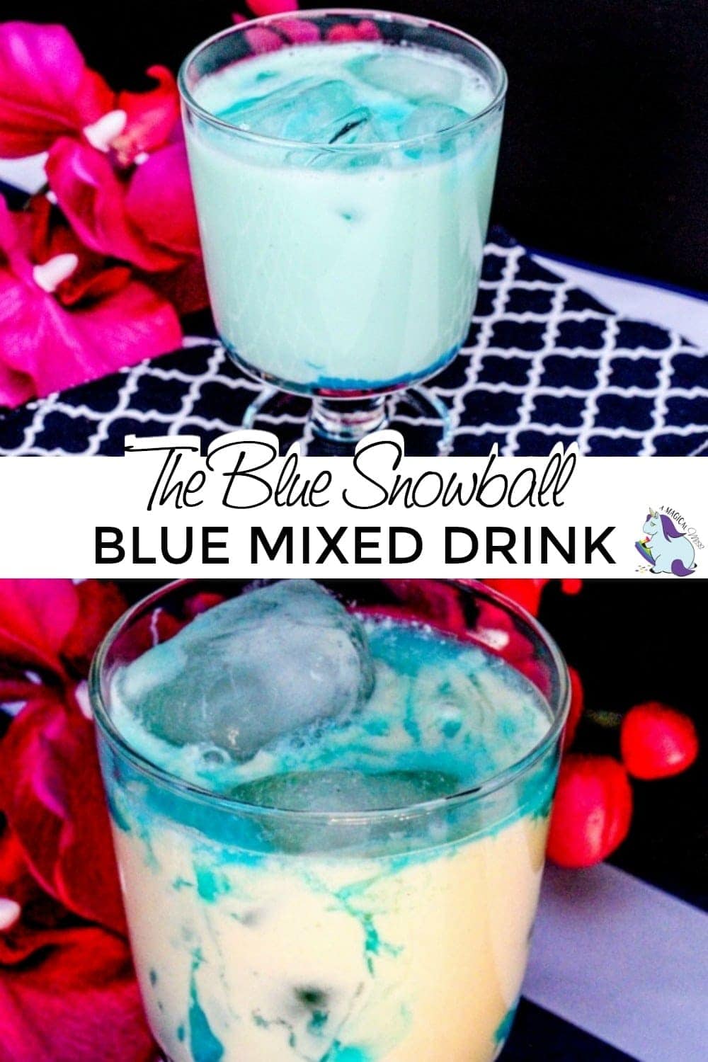 Blue mixed drink collage of the drink stirred and left swirled