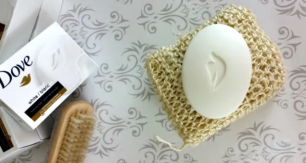 Dove bar soap on a loofah. 