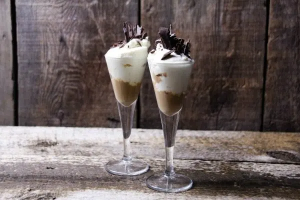 Glasses of a chocolate cheesecake cocktail. 