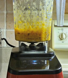 Fruit mixture in a Blendtec blender. 
