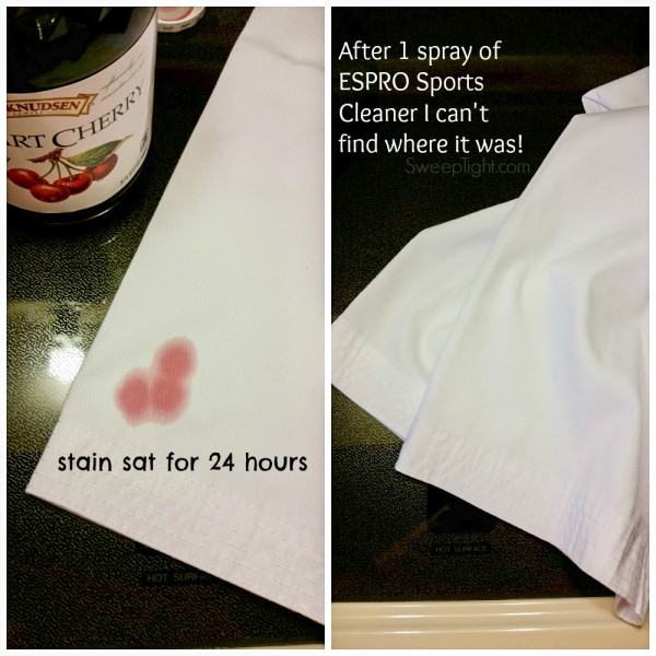 Before and after using ESPRO Sports cleaner on a white uniform with cherry juice on it. 