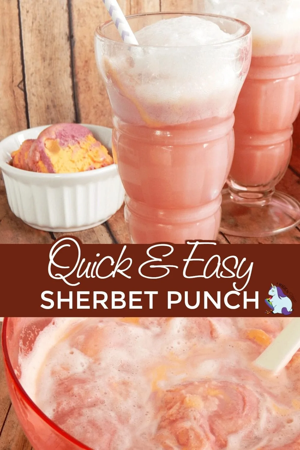 Closeup of punch in bowl and two glasses of sherbet punch