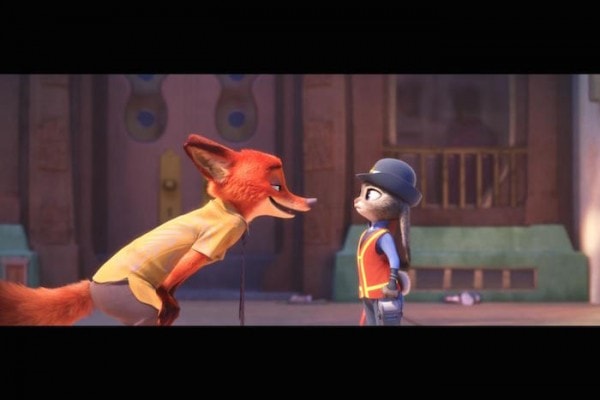Fox and bunny screenshot from the Zootopia movie.