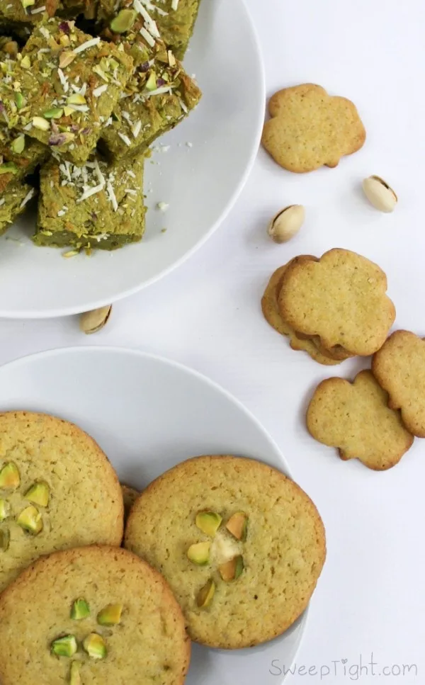 Recipes using pistachios - four leaf clover cookies, gluten free pistachio brownies, and super easy pistachio sugar cookies