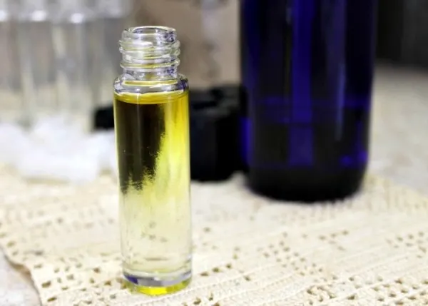 Filled roller bottle on a table. 