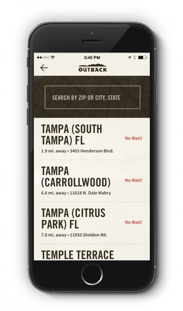 Screenshot of the Outback Steakhouse app showing locations with wait time. 