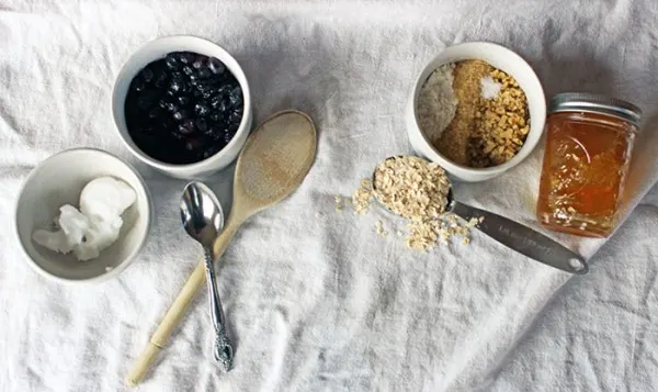 Blueberries, oats, coconut oil, sugar, and  honey. 