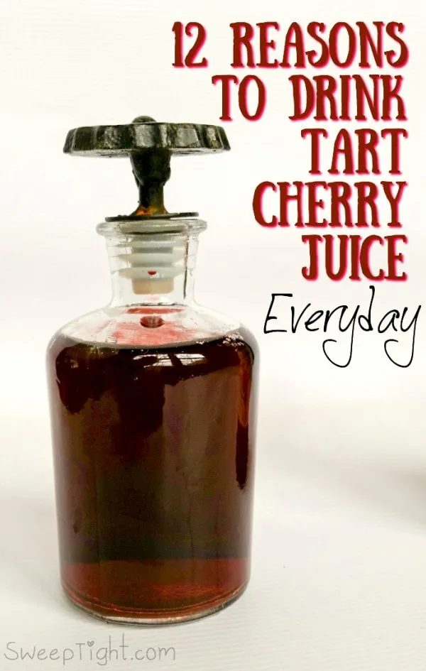 A jar of dark cherry juice with text overlay. 