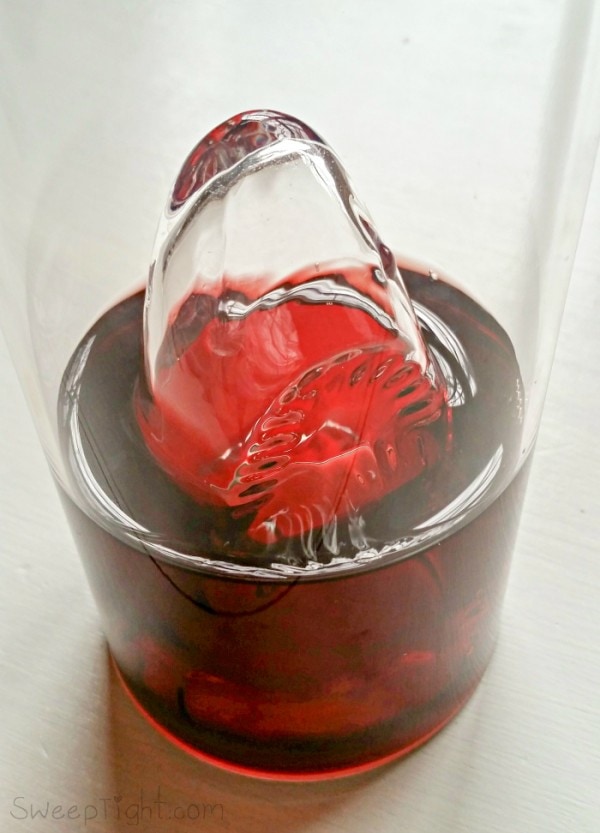 Shark shot glass with tart cherry juice in it. 