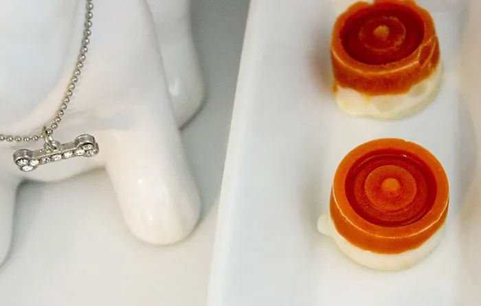 Round little dog treats on a tray. 