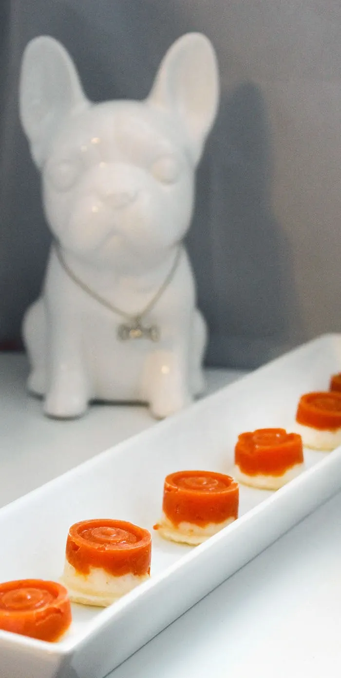 A French bulldog statue next to round dog treats. 