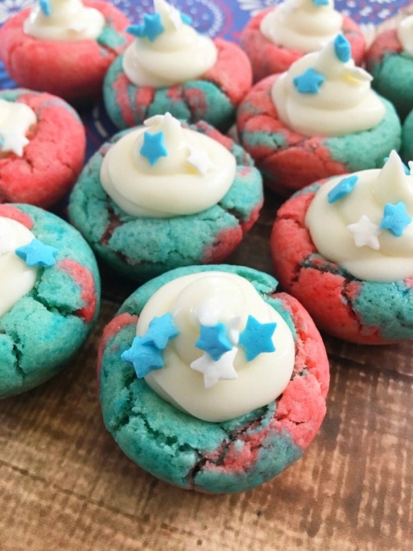 Red, white, and blue cookies with star sprinkles.