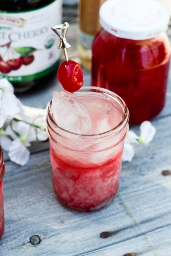 Tart cherry lemonade in an icy glass. 