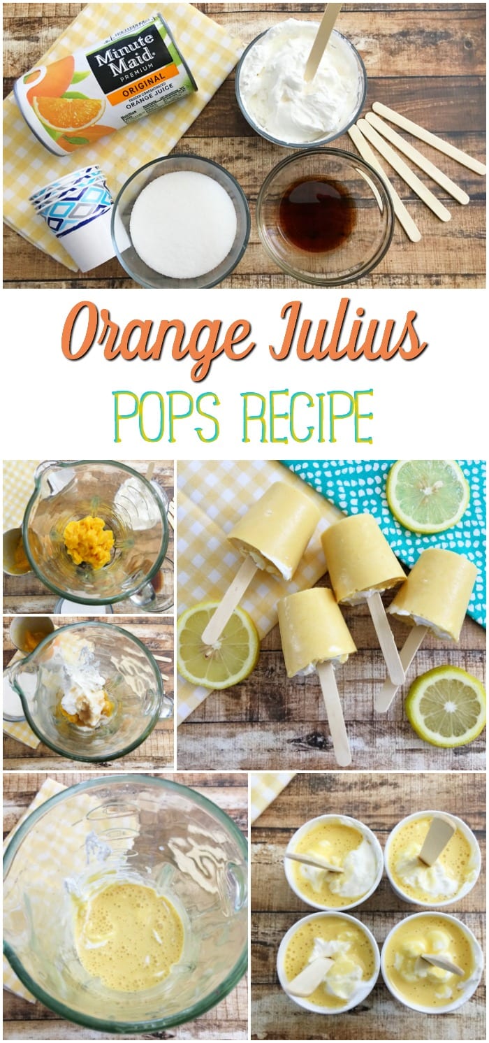 Collage of steps to make orange julius popsicles