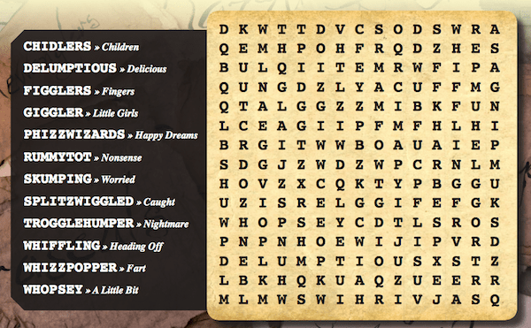 The BFG Movie Gobblefunk Word search printables.