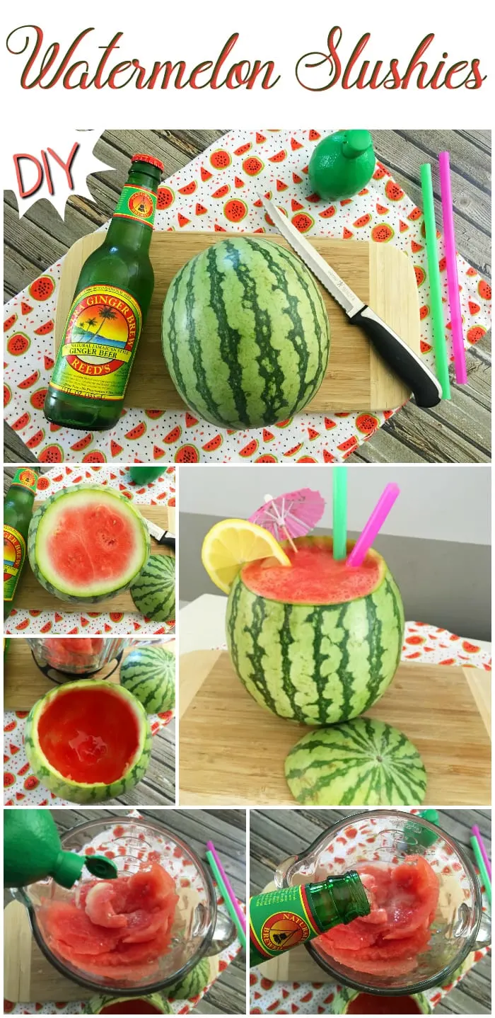 A watermelon filled with watermelon slushy. 