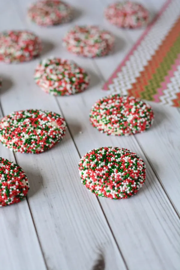 Holiday shortbread cookies with red, green, and white nonpareils. 