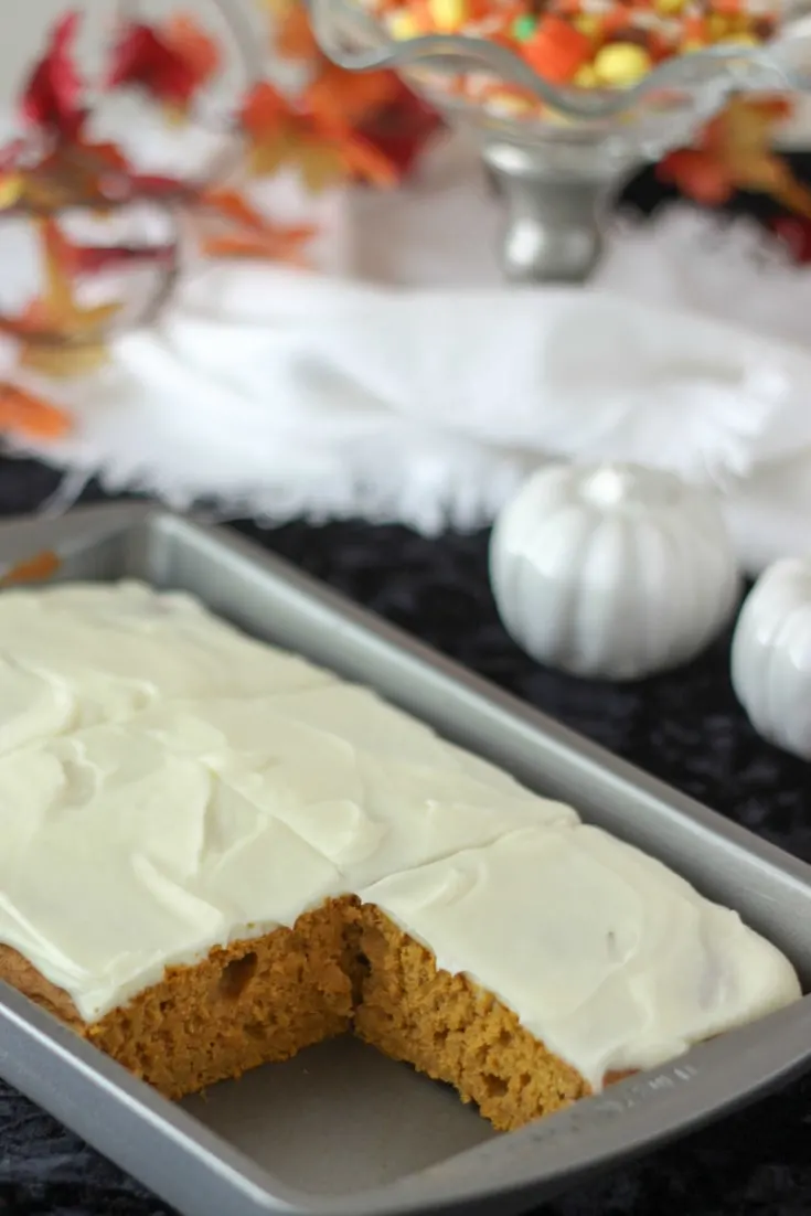 Pumpkin slices in pan with a slice missing. 