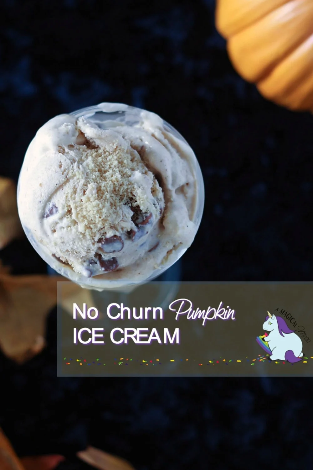 Homemade pumpkin ice cream recipe with swirls of cinnamon chips and vanilla cookies