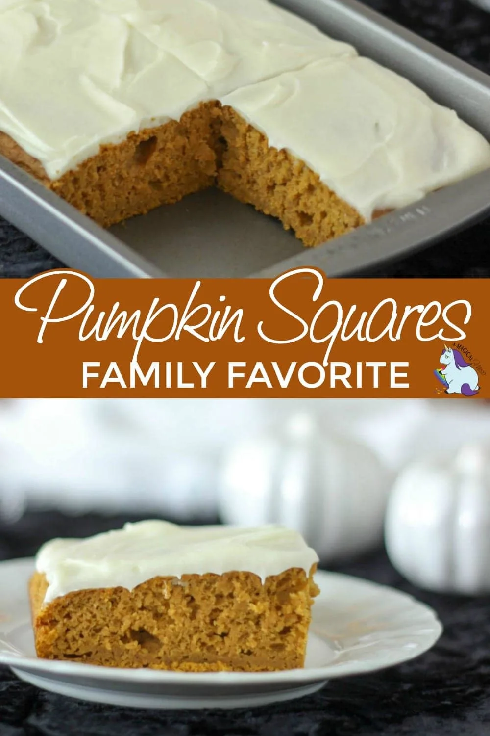 Pumpkin cake slices in a pan and one on a plate.