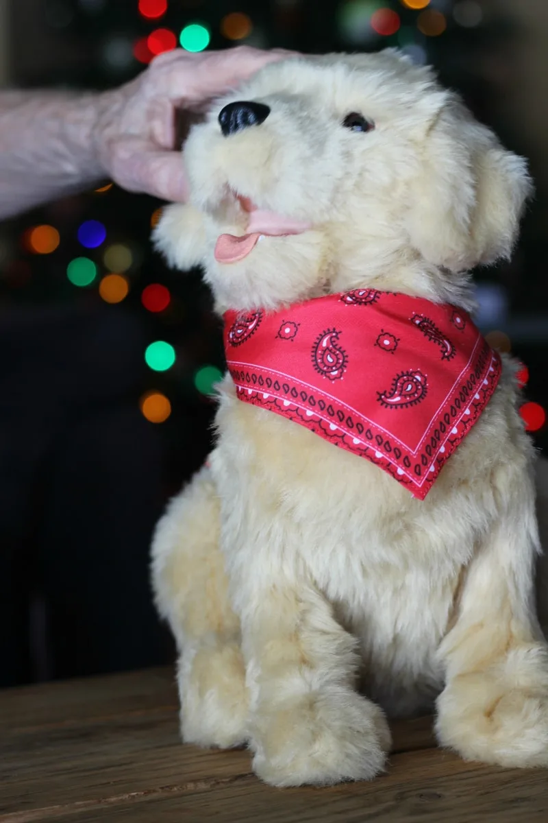 Stuffed dog toy with a red bandana. 