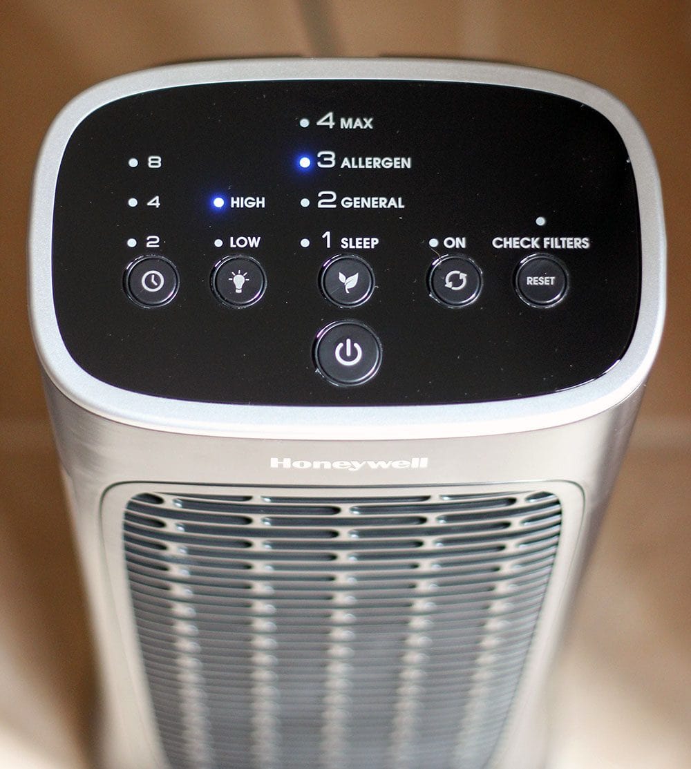 A Honeywell air cleaner showing the buttons on the top. 