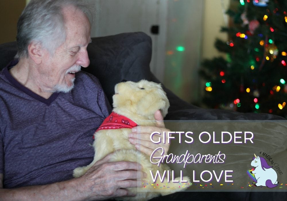 Older man with a dog stuffed toy by a Christmas tree. 