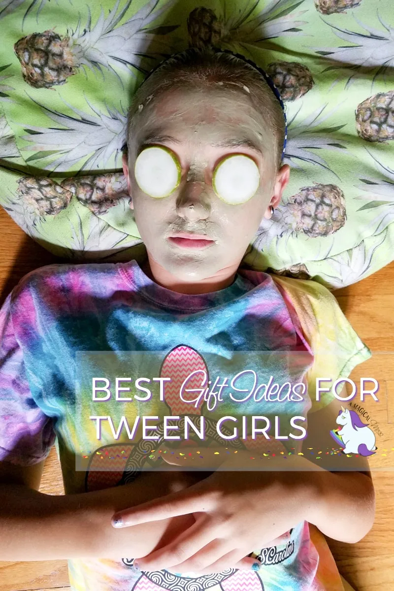 Tween girl laying on a pillow with cucumbers on her eyes and a face mask. 