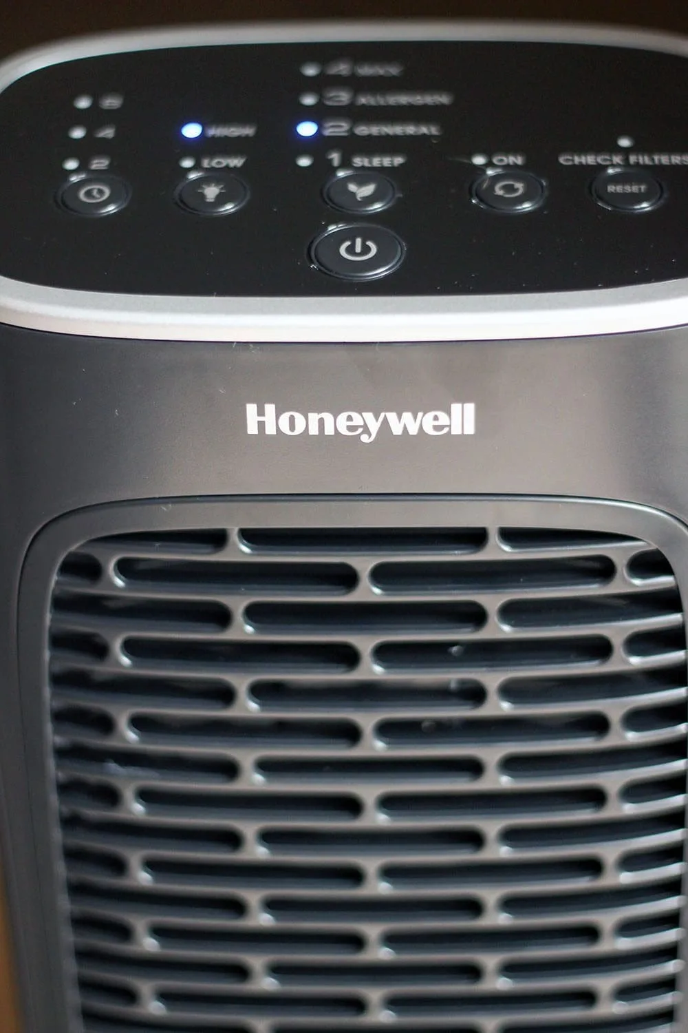 Closeup picture of a Honeywell home air cleaner. 