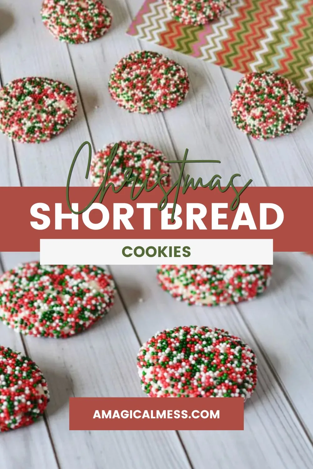 Little shortbread cookies covered in red, green, and white nonpareils. 