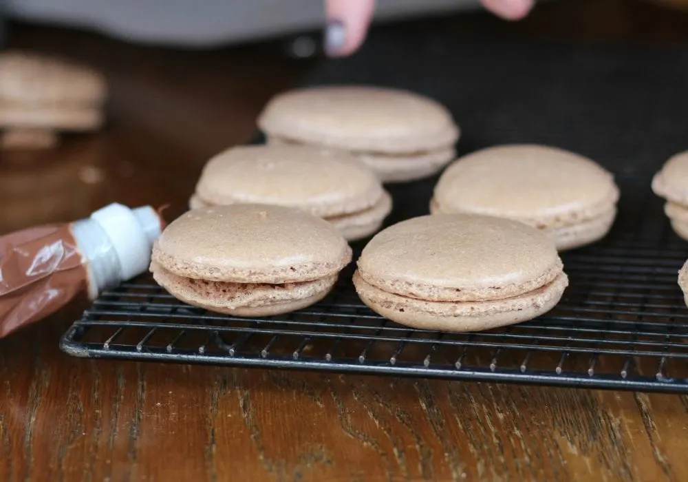 Chocolate macaron shells with ganache.