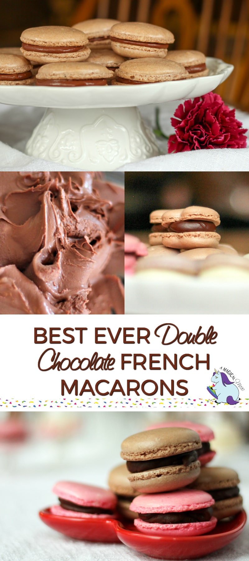Collage of double chocolate macarons and chocolate ganache.