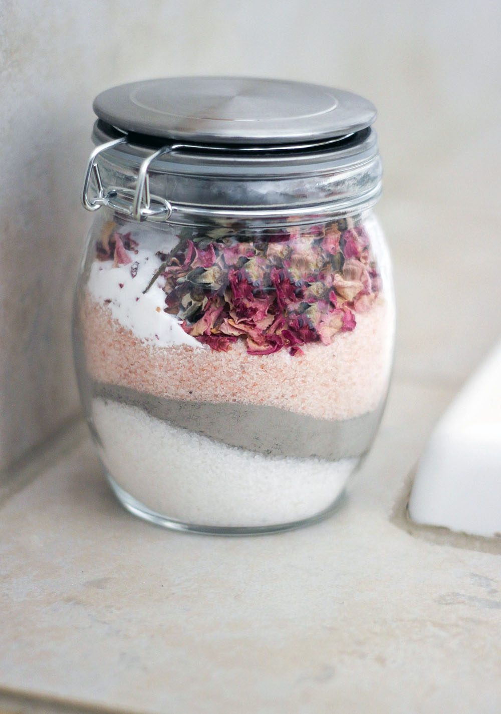 Rose bath salts in a jar