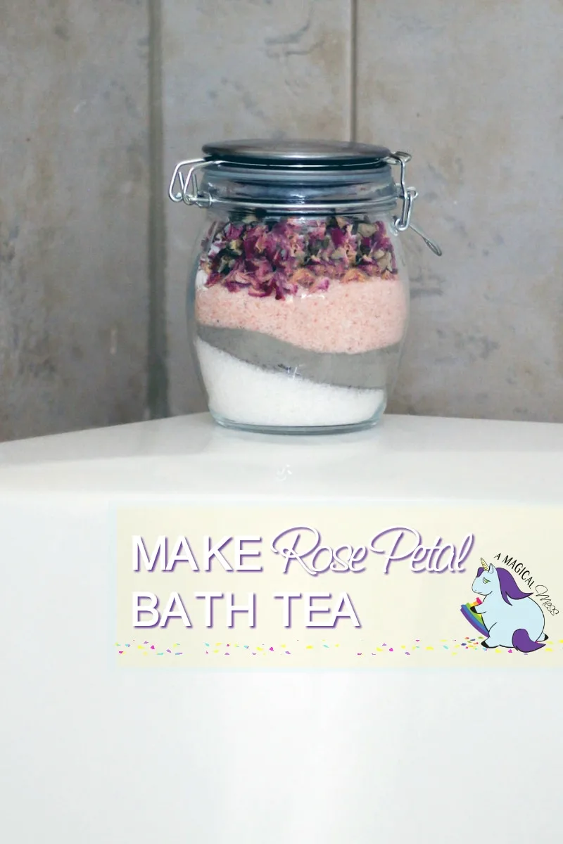 Rose Petal Bath Soak layered in a jar on the tub.