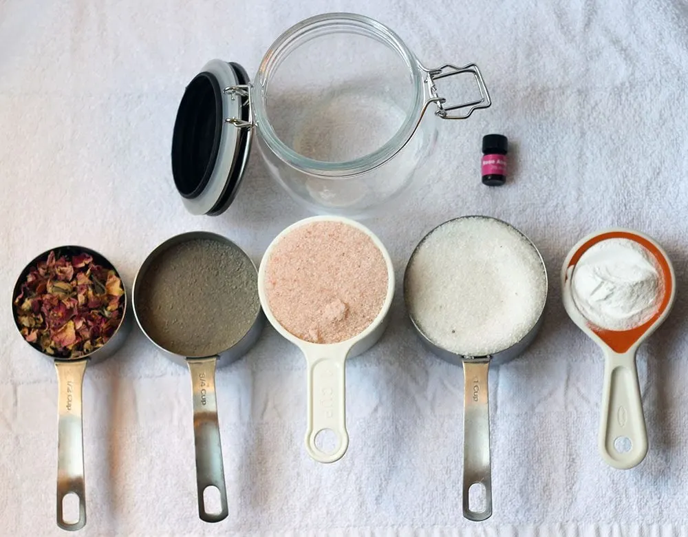 Rose Petal Bath Soak ingredients in measuring cups. 