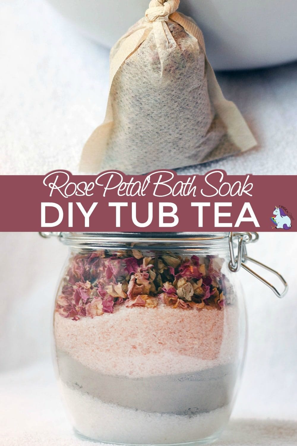 Rose petal bath soak and a tea bag full of tub tea