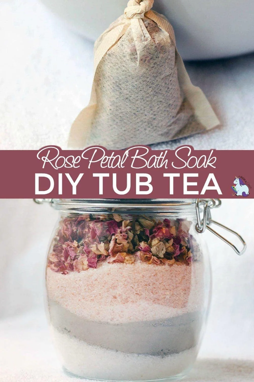 Rose petal bath soak and a tea bag full of tub tea