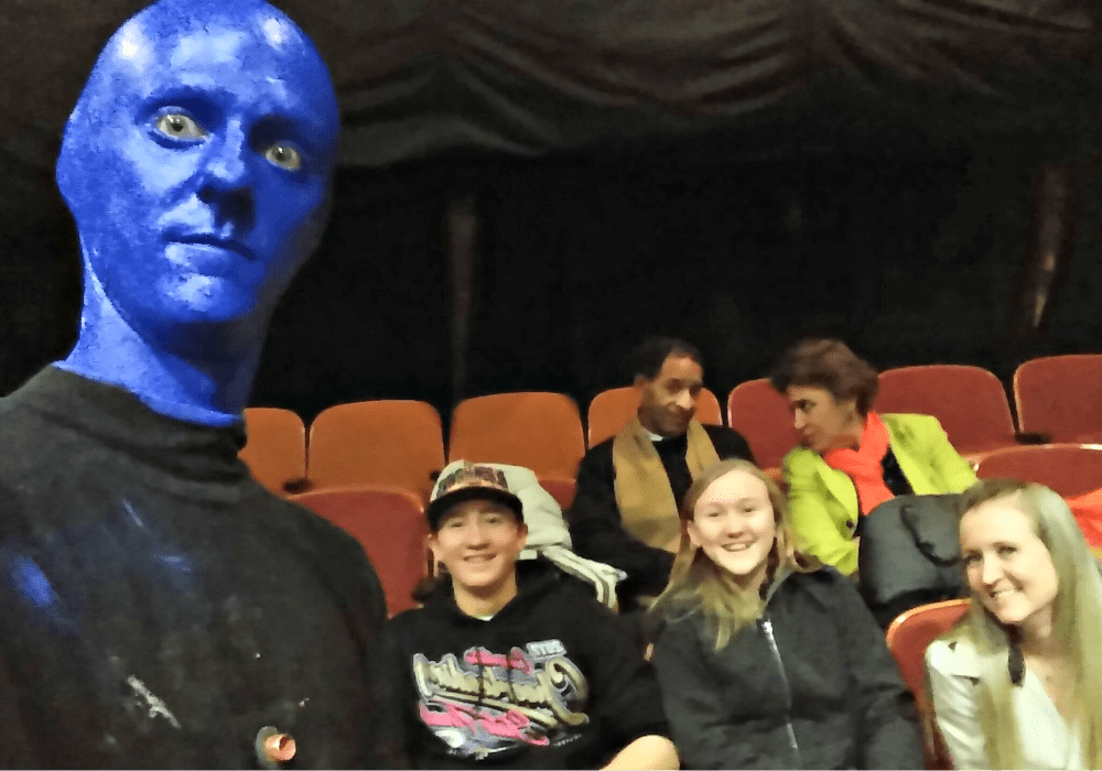A Blue Man in the audience with Shelley, Adam, and Chesney. 