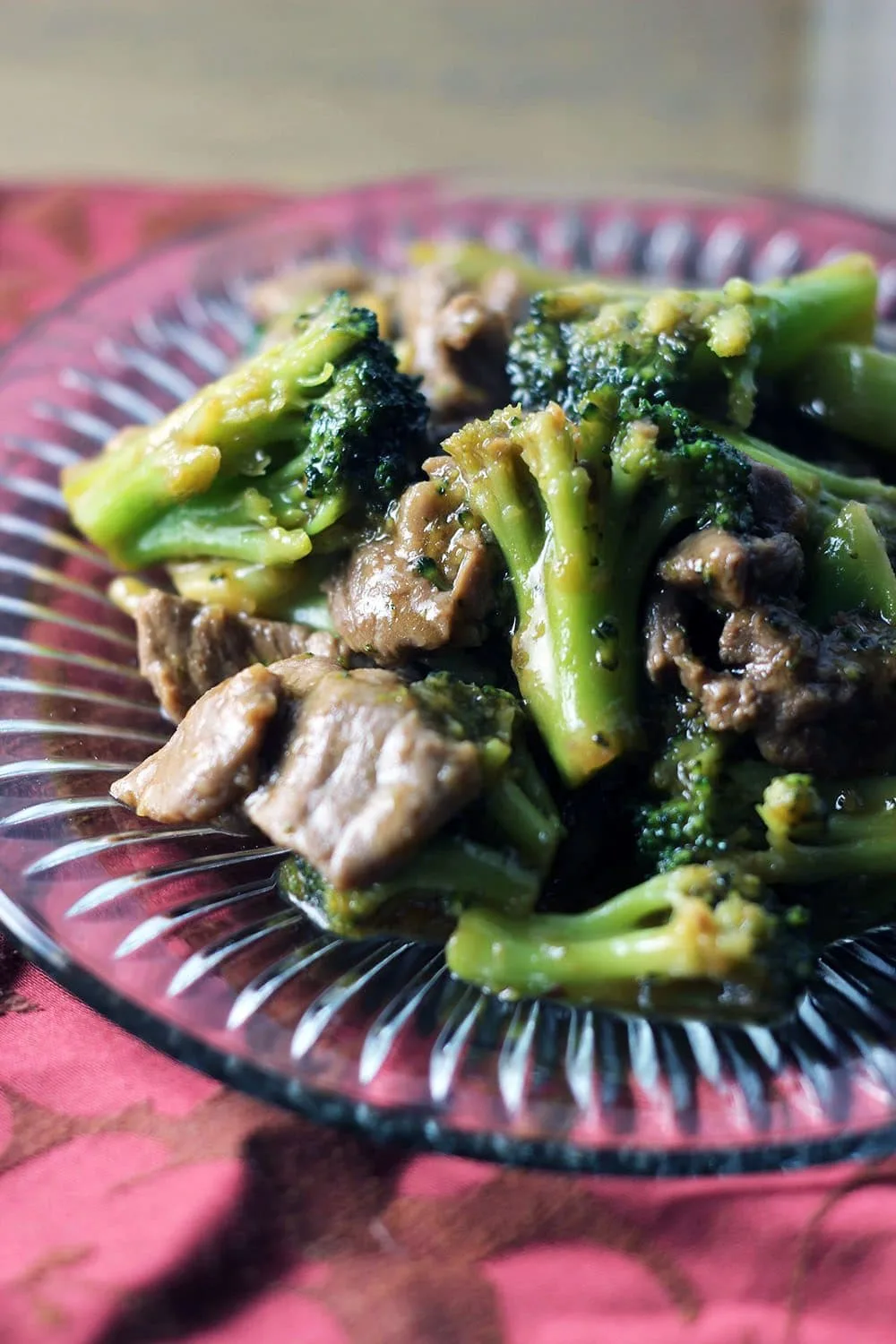 P.F. Chang’s Frozen Beef and Broccoli dinner on a clear plate. 