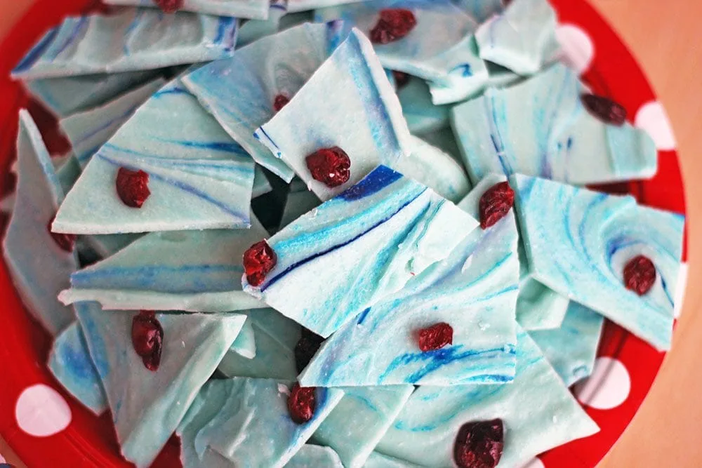 Blue candy bark with cranberries