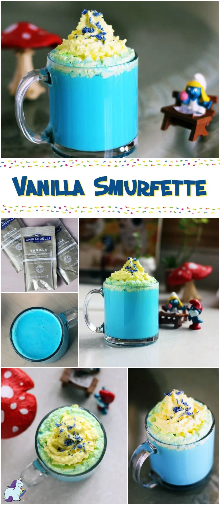 Smurf toys next to a blue drink topped with yellow whipped cream. 