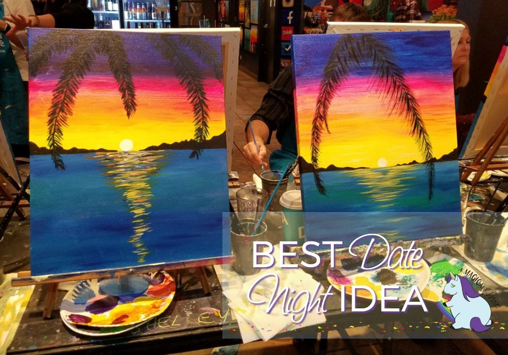 Two ocean sunset paintings at Pinot's Pallette. 