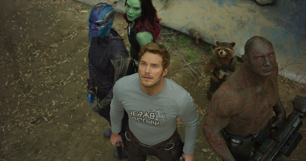 Guardians Of The Galaxy Vol. 2. L to R: Nebula (Karen Gillan), Gamora (Zoe Saldana), Star-Lord/Peter Quill (Chris Pratt), Groot (voiced by Vin Diesel), Rocket (voiced by Bradley Cooper) and Drax (Dave Bautista) ©Marvel Studios 2017