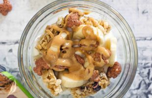 Breakfast Yogurt Bowl with Banana, Peanut Butter, and Cocoa Bunnies